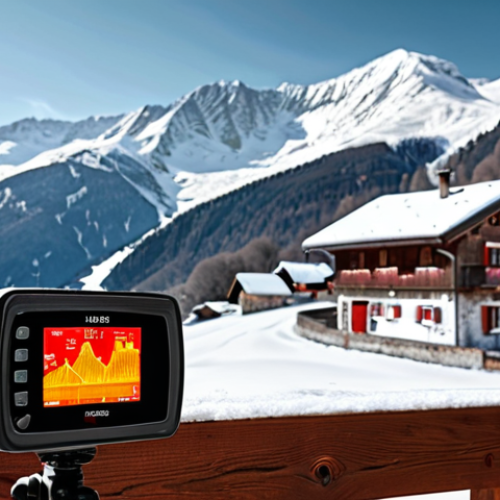 Home 15 **
"A thermal camera display highlighting heat loss on an old chalet in the French Alps. Focus on the contrast between the cold exterior and the areas of red indicating heat escaping. In the background, snowy mountains and a charming Alpine village. Style: Realistic, detailed, slightly desaturated colors to emphasize the cold."
**