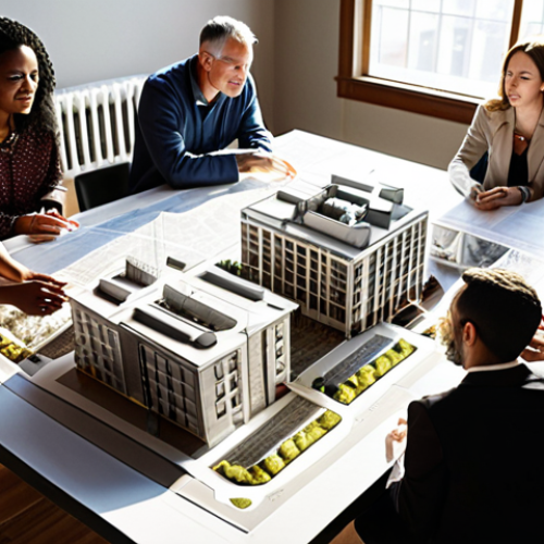 Home 7 ** A diverse group of people (residents, architects, city officials) gathered around a table looking at blueprints of a new urban redevelopment project. Sunlight streams through the window, highlighting the architectural model. Focus on collaboration and community involvement.
**