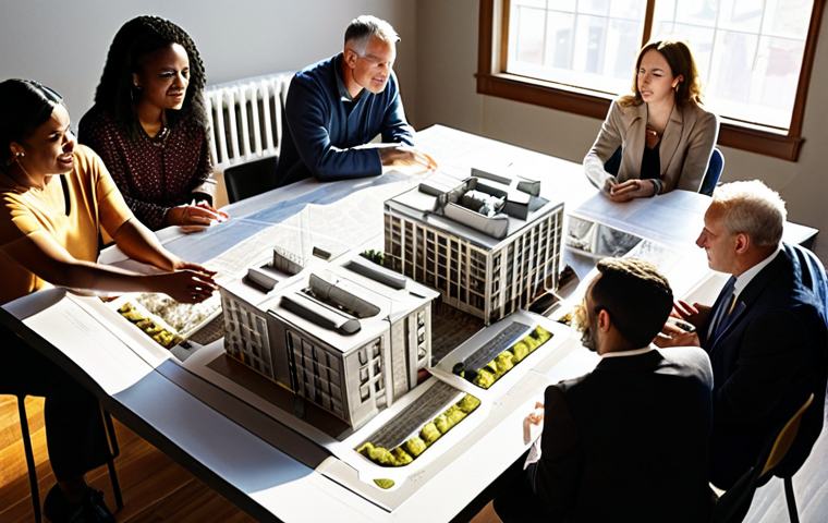 ** A diverse group of people (residents, architects, city officials) gathered around a table looking at blueprints of a new urban redevelopment project. Sunlight streams through the window, highlighting the architectural model. Focus on collaboration and community involvement.
**