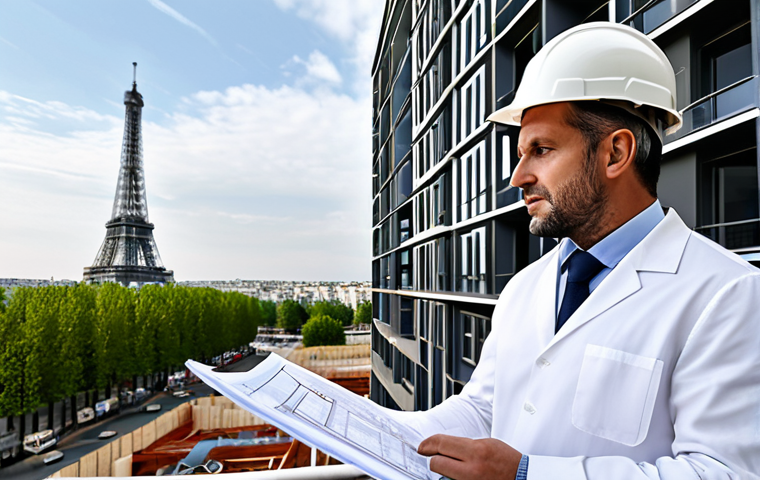 Property Evaluation**

A real estate expert in professional attire, fully clothed, examining building plans at a construction site in Paris, France. Modern architecture in the background. Incorporate elements of a building energy performance certificate (DPE) visibly in the documents. Perfect anatomy, correct proportions, well-formed hands, natural pose. Safe for work, appropriate content, professional, modest.

**