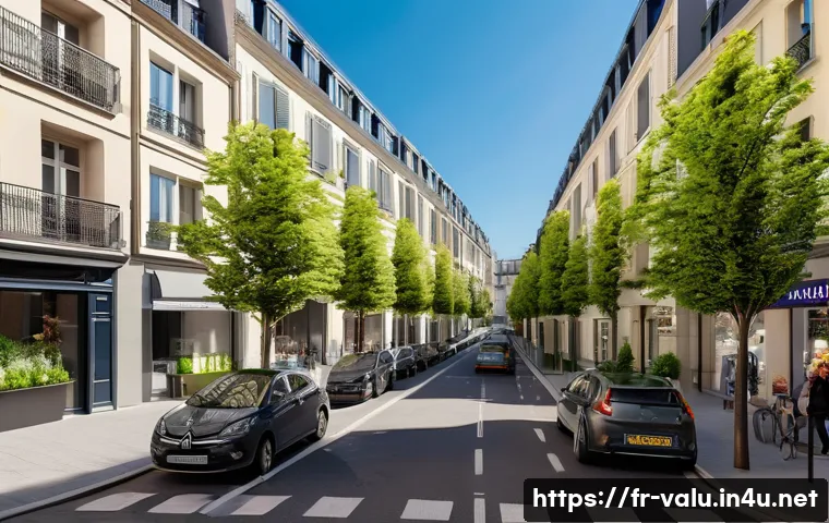 감정평가사의 시장조사 방법 - A detailed urban neighborhood scene in a French city showing a well-maintained residential street wi...
