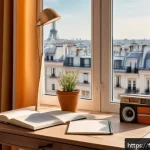 감정평가사 공부 시간 관리 비법 - A bright, cozy study corner in a modern French apartment, featuring a tidy wooden desk with neatly o...
