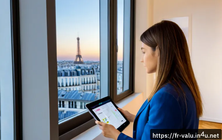 감정평가사와 IT 기술 활용 - Photorealistic French real-estate valuation professional in a bright Paris office, examining a moder...